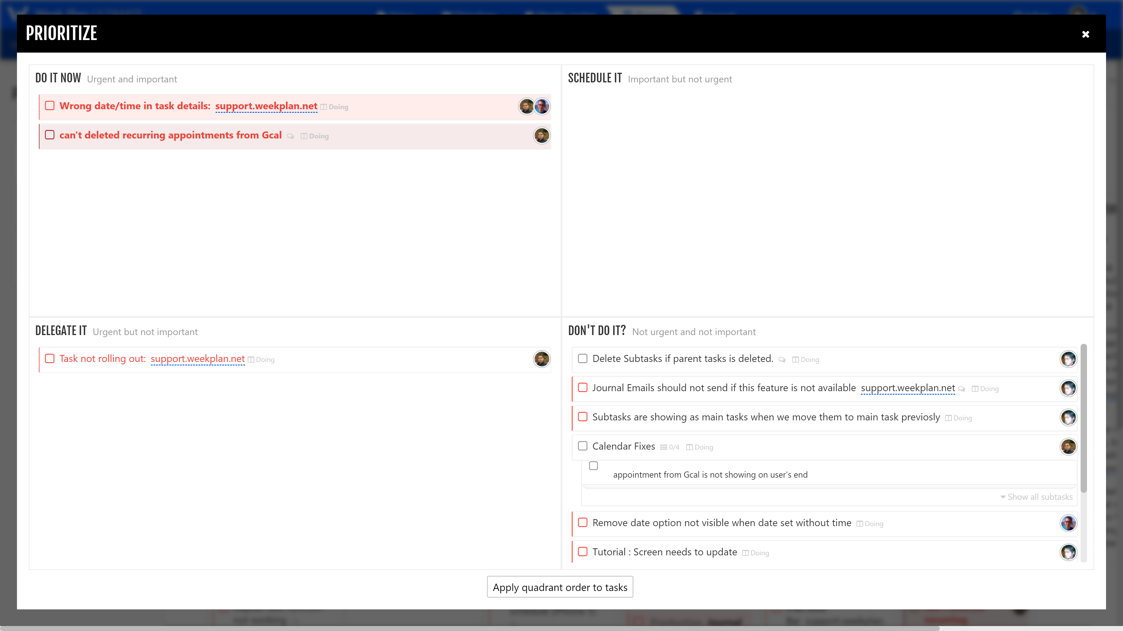 Screenshot of Week Prioritization