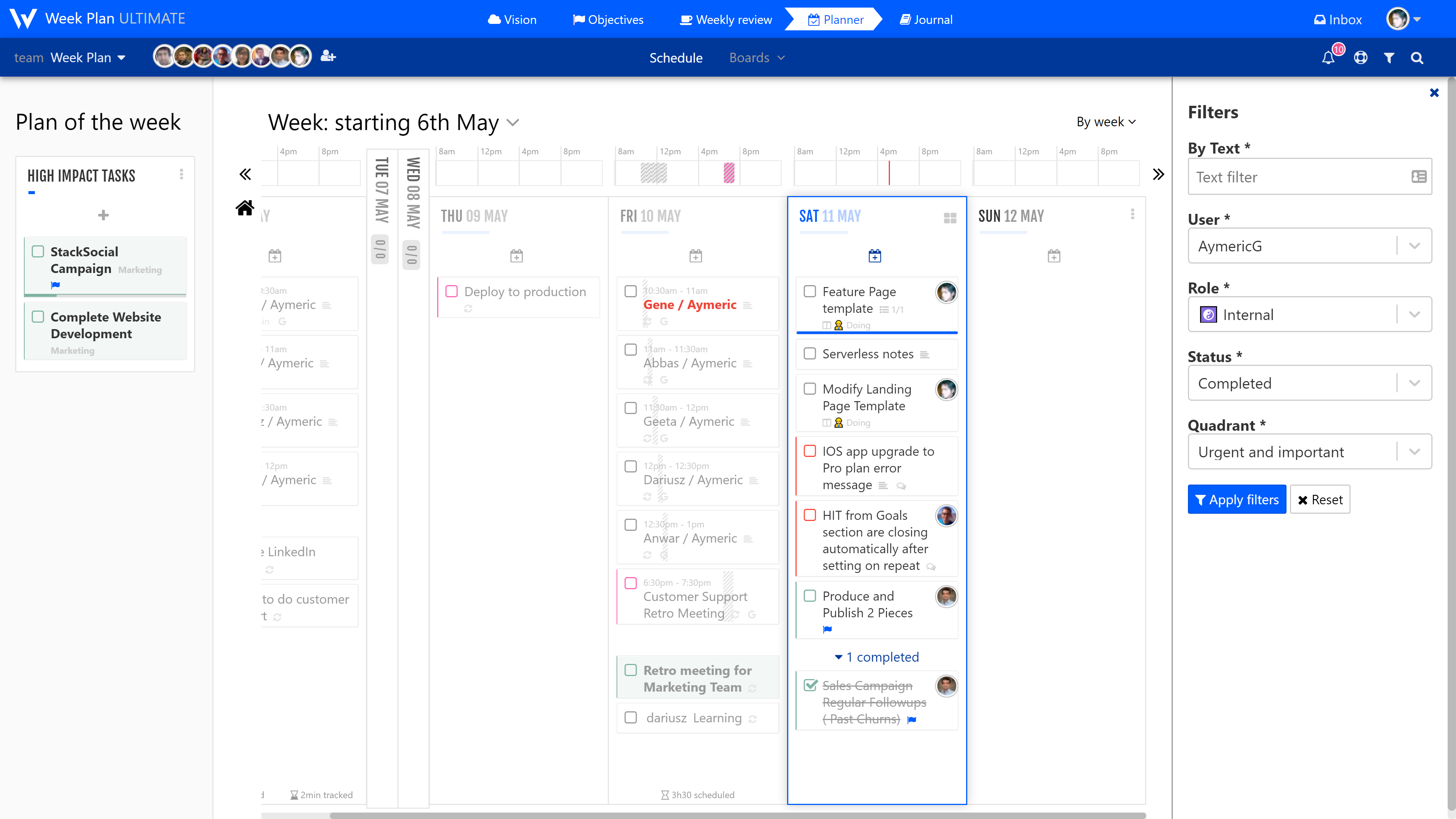 Weekplan filtering task Screenshot