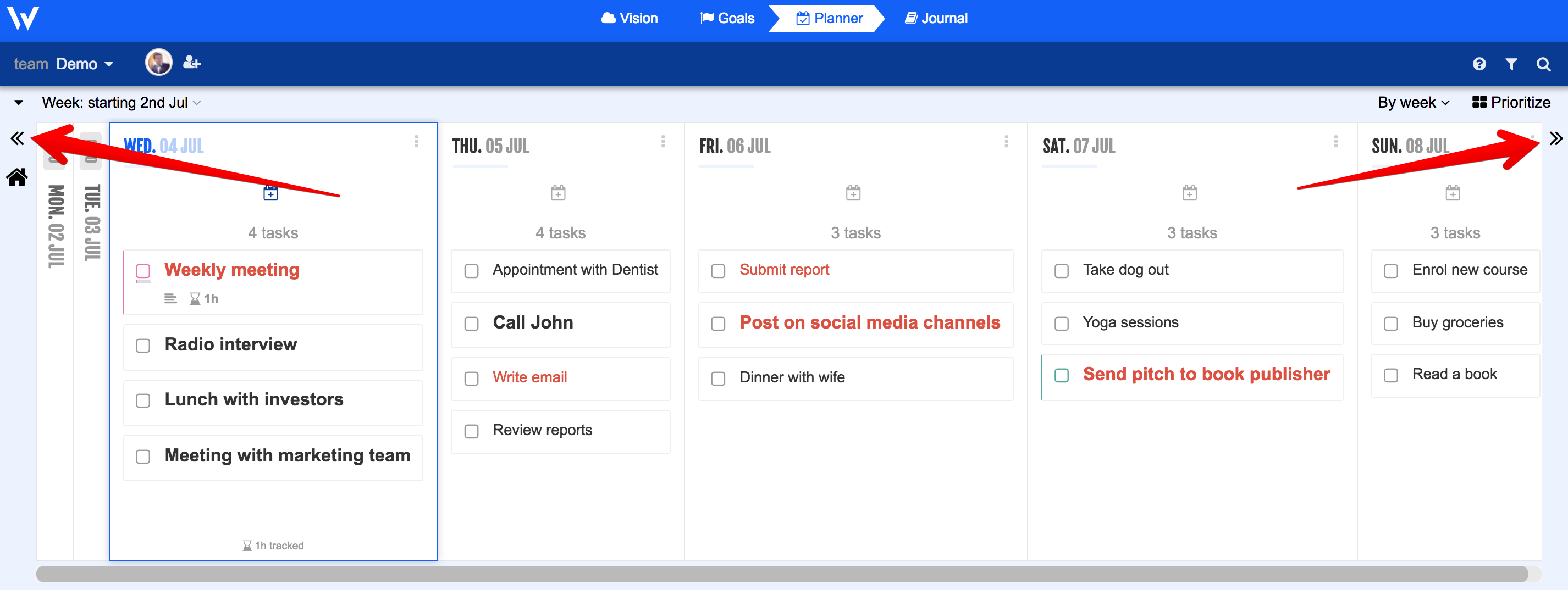 Navigation Buttons on the Left and Right Week Plan Screenshot showing left and right Navigation with Arrow