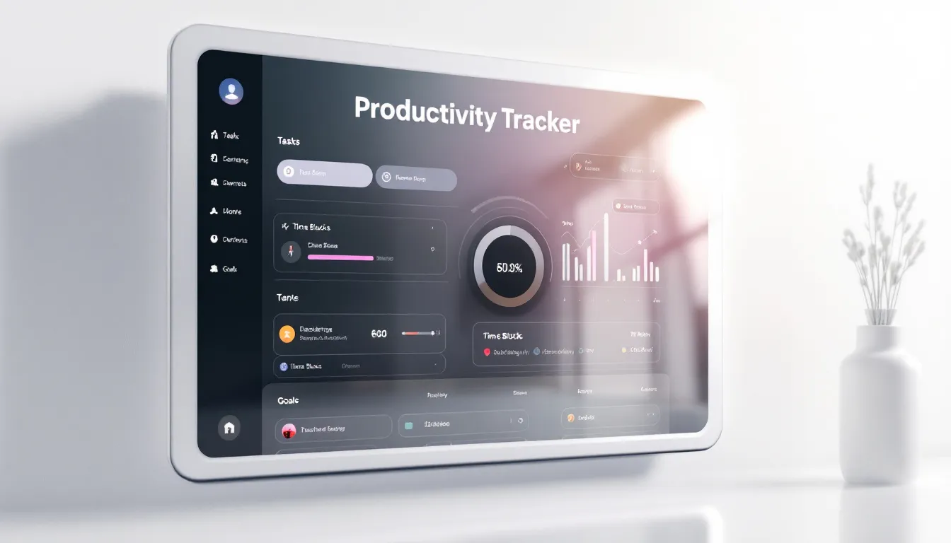 Key features of a productivity tracker displayed on a digital screen.