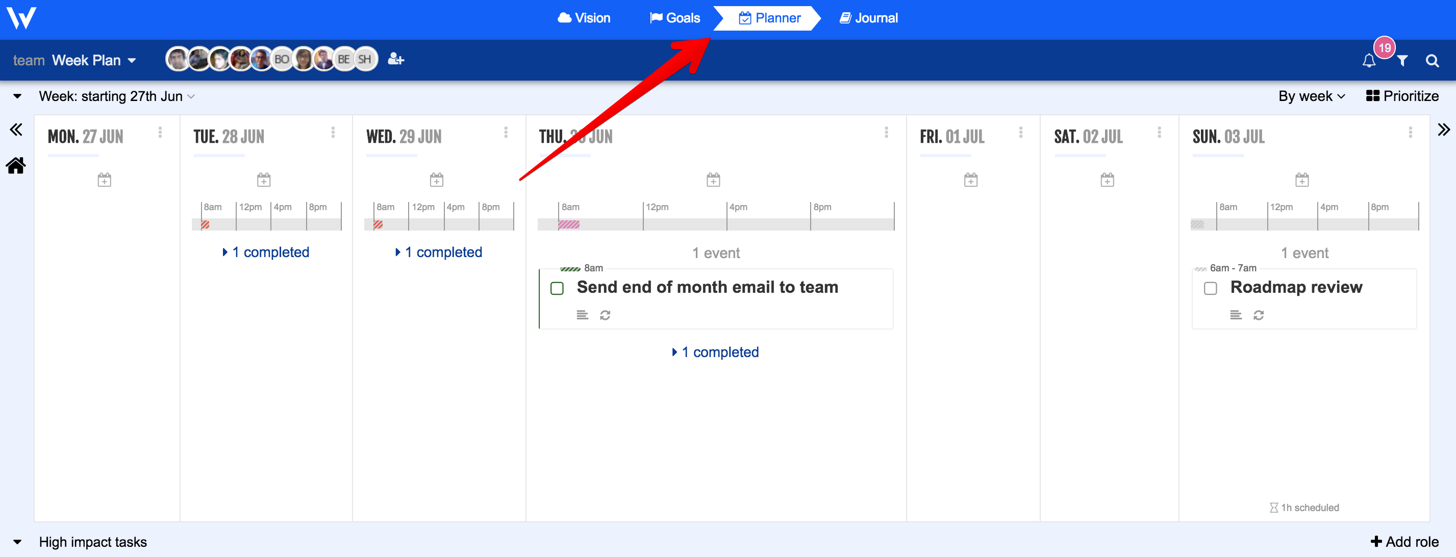 Navigation Bar Week Plan Navigation bar showing with Arrow