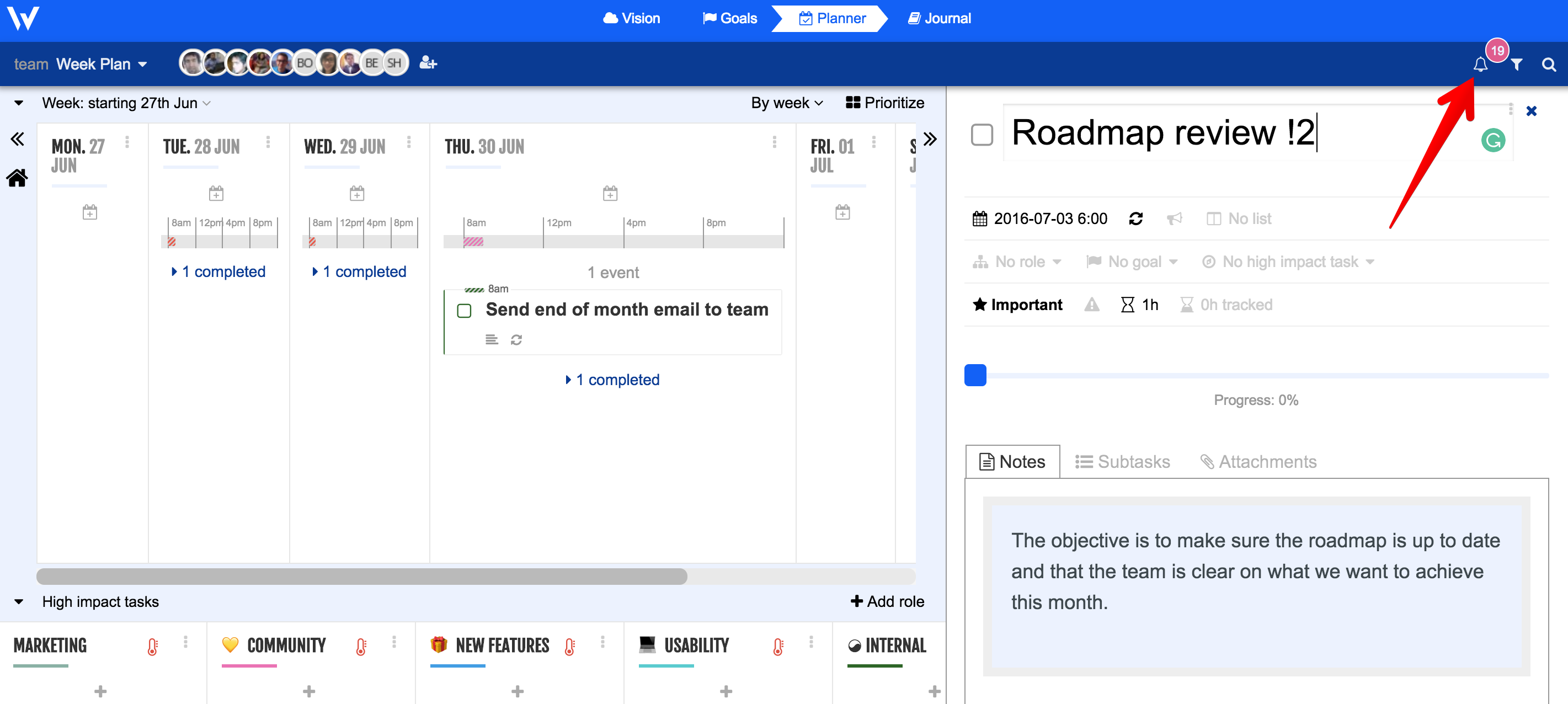 Notifications Week Plan Screenshot showing Notification with Arrow