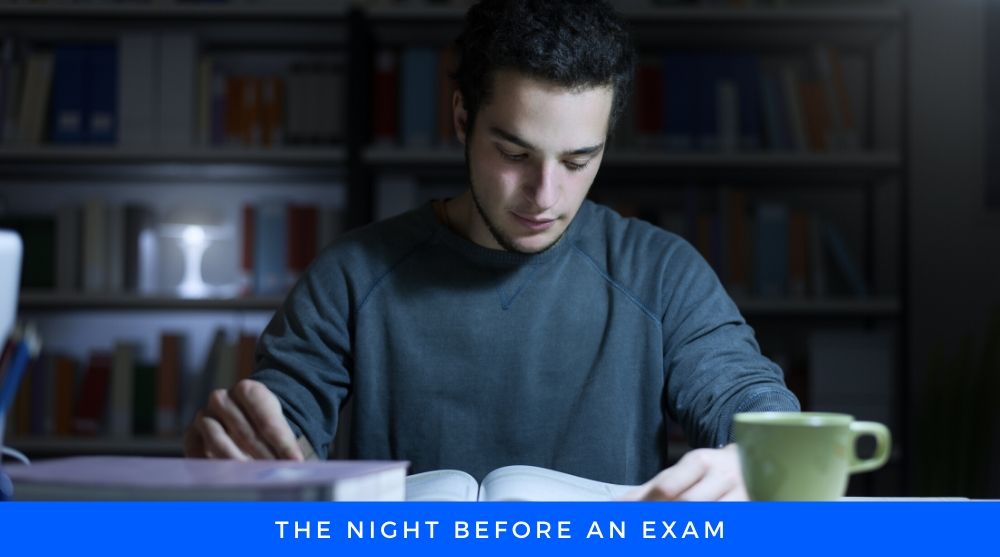 night before an exam Man Studying Night before Exam with cup of tea