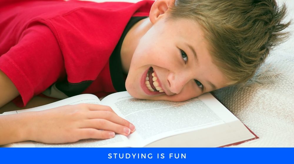 Studying is Fun Childhead down on a book with smiling Face