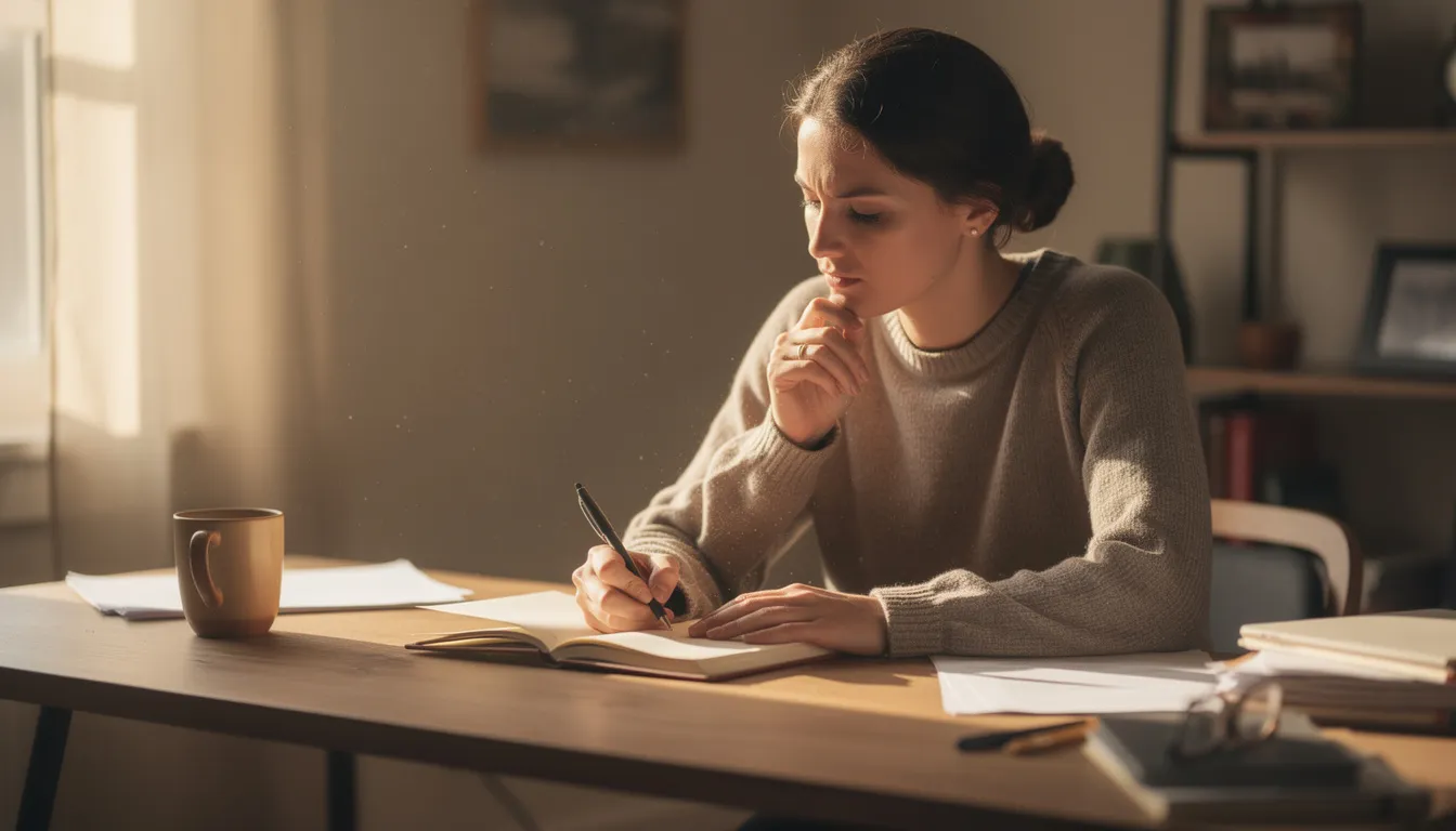 A thoughtful person sits at a desk in the morning light, holding a pen and looking at a notebook, reflecting on their tasks and strategies for personal productivity. This scene captures a moment of focus and planning, essential for achieving success and managing daily efforts effectively.