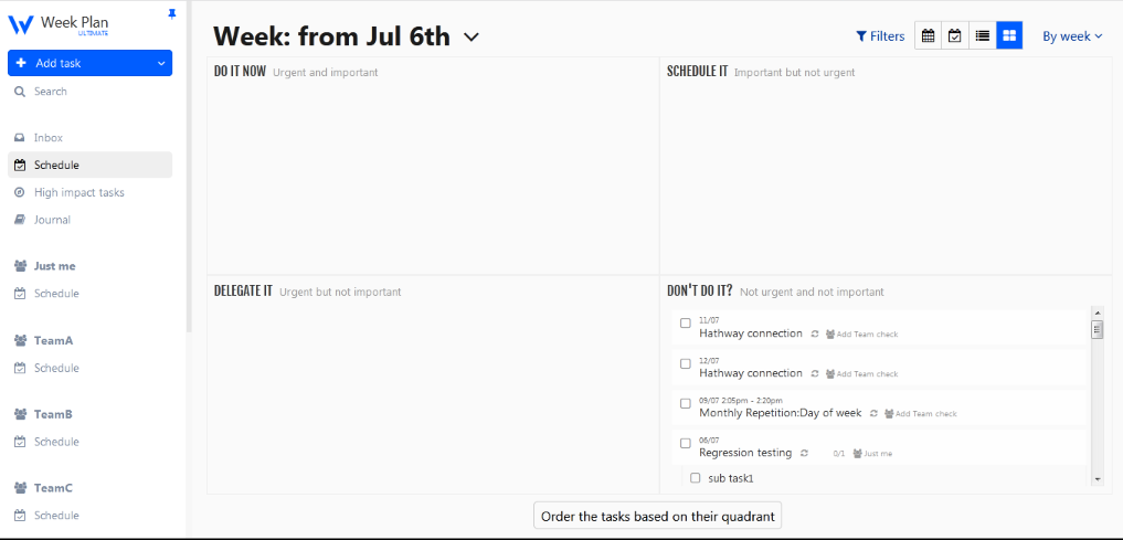 Quadrant View In WeekPlan for ADHD People